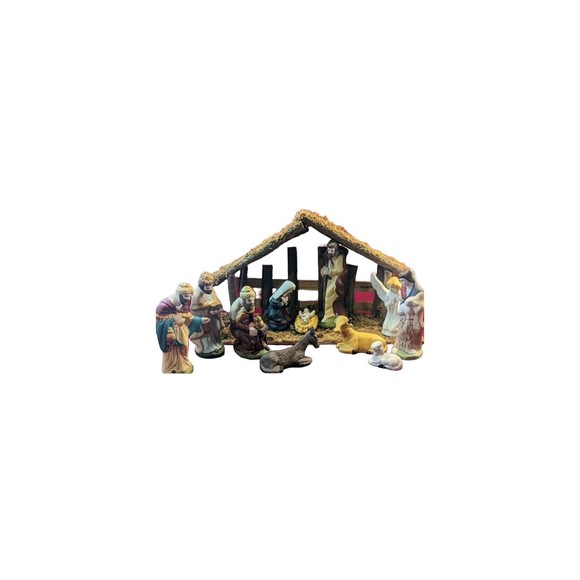 Atmark Treasury of Gifts 11 Pc Nativity Set Porcelain Wood Creche 1997 Original - Picture 1 of 16